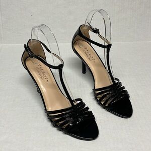 Talbots black patent leather T- ankle strap strappy toe heels sz 6.5